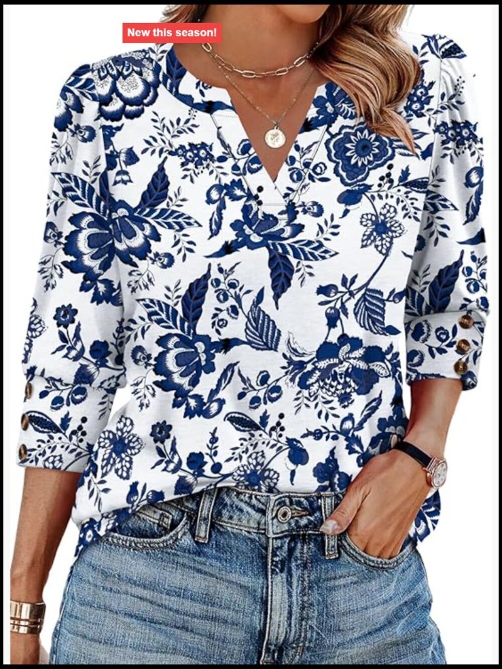 V-Neck 3/4 Sleeve Blouse with Button Cuffs Dressy Casual Tunic